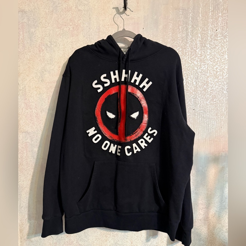Marvel Black and Red Deadpool Graphic Hoodie, Shhh No One Cares, Cotton Blend Lg